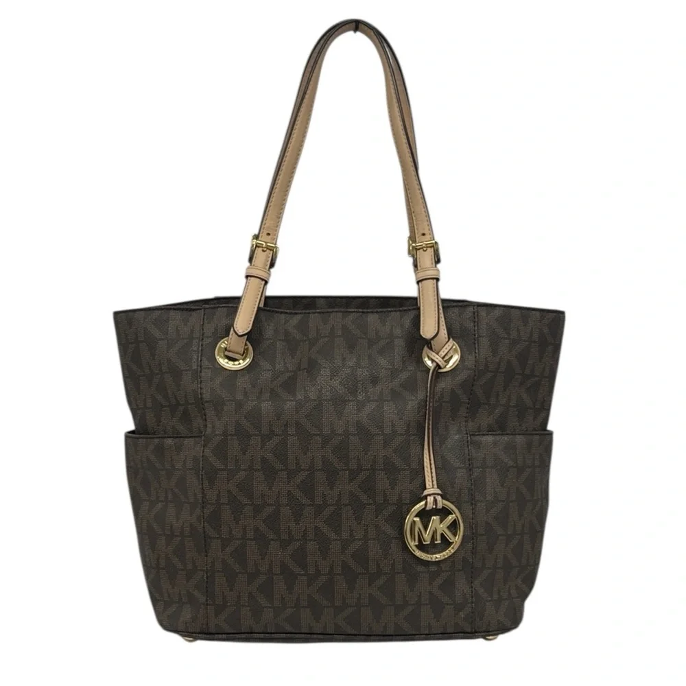 Michael Kors Jet Set Signature East West Brown Monogram Shoulder Bag Tote Purse - Picture 4 of 16